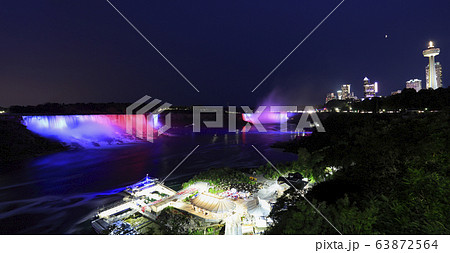 Horseshoe and American Falls, river and Niagara skyline illuminated at dusk, panoramic view, Canada 63872564