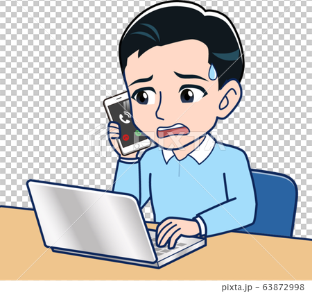 パソコン作業に困り電話する男性のイラスト素材