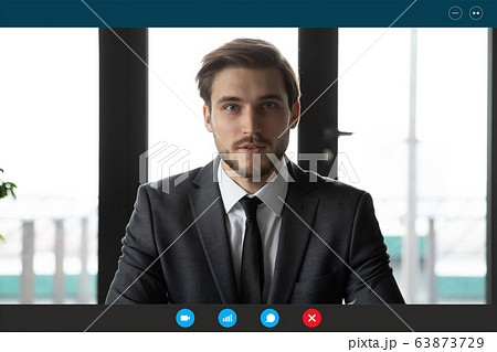 Headshot of businessman have webcam conversation with client Headshot of businessman have webcam conversation with client 63873729
