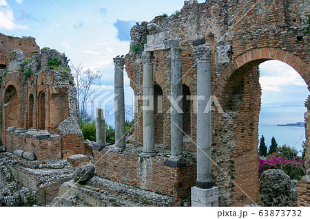 Ruins of ancient Greek theatre in Taormina, Ruins of ancient Greek theatre in Taormina, 63873732