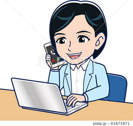 ノートパソコンとスマホで仕事する女性のイラスト素材