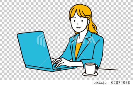 ノートパソコンで仕事をする女性イラストのイラスト素材