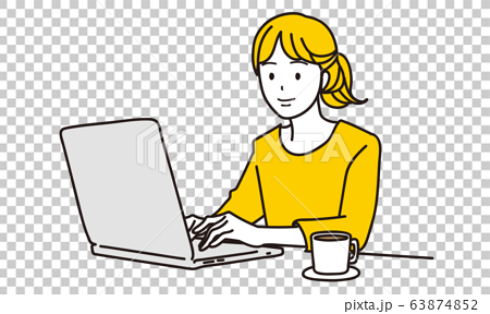 テレワーク ノートパソコンで仕事をする女性イラストのイラスト素材