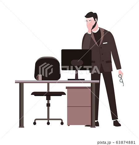 Businessman with facepalm gesture. Headache, disappointment or shame sad stressed face, worry disappointed expression office desk with computer. Cartoon style vector illustration isolated 63874881