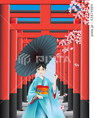 Japanese girl walks between wooden pillars 63874964