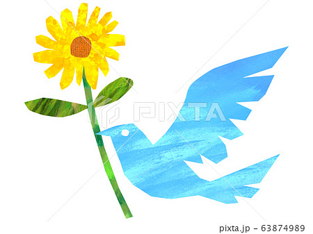 幸せの青い鳥のイラスト 黄色い花のイラスト素材