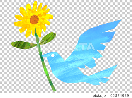 幸せの青い鳥のイラスト 黄色い花のイラスト素材
