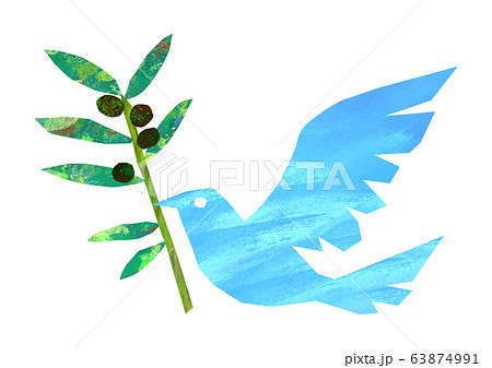 幸せの青い鳥のイラスト オリーブの葉のイラスト素材