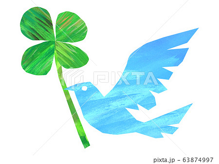 幸せの青い鳥のイラスト 四つ葉のクローバーのイラスト素材