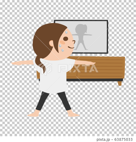 家でテレビを見ながらエクササイズをしている女性のイラスト のイラスト素材
