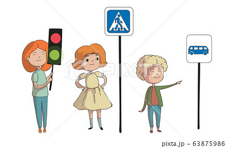 Kid Characters Standing Near Direction Signs Vector Set 63875986