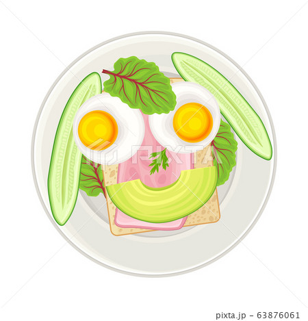 Breakfast Food with Sliced Vegetables and Sandwich in Shape of Smiley Above View Vector Illustration 63876061