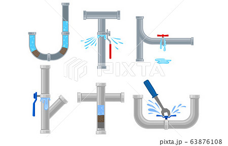 Damaged Pipe Fitting or Adapters with Valves Isolated on White Background Vector Set Damaged Pipe Fitting or Adapters with Valves Isolated on White Background Vector Set 63876108