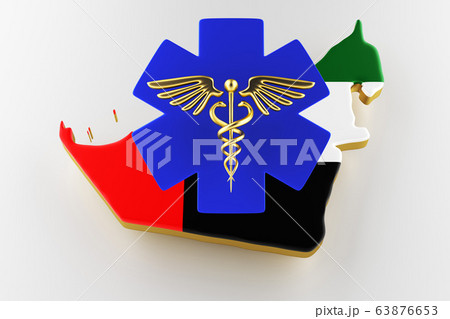 Caduceus sign with snakes on a medical star. Map of UAE land border with flag. 3d rendering 63876653
