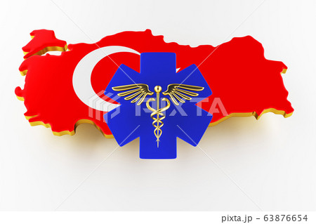 Caduceus sign with snakes on a medical star. Map of Turkey land border with flag. 3d rendering 63876654