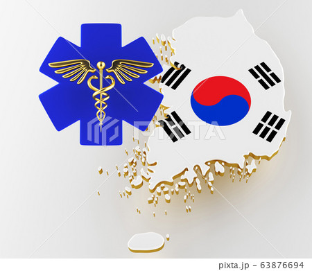 Caduceus sign with snakes on a medical star. Map of Korea land border with flag. 3d rendering 63876694