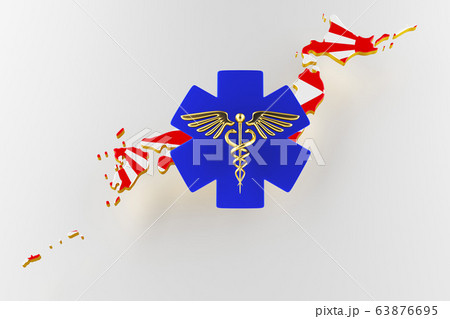 Caduceus sign with snakes on a medical star. Map of Japan land border with flag. 3d rendering 63876695