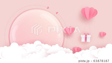 Lovely pink background with heart balloons, gift, clouds and big glass cover on pink. Paper art. Lovely pink background with heart balloons, gift, clouds and big glass cover on pink. Paper art. 63878187