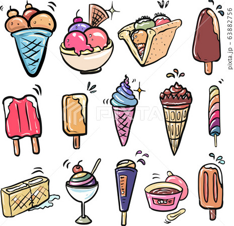 Ice cream set is vector illustration, freehand drawn on white background, dessert and food concept. 63882756