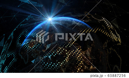 The sun's rays over earth in outer space. Earth Globe technology with Light Effect. Global international connectivity background. Elements of this image furnished by NASA - 3D illustration 63887256