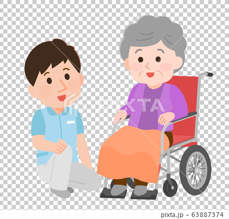 車椅子のおばあさん 介助 寄り添う男性介護士 イラストのイラスト素材