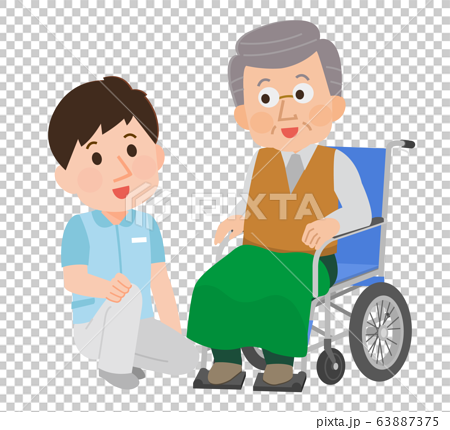 車椅子のおじいさん 介助 寄り添う男性介護士 イラストのイラスト素材