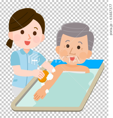 入浴介助 おじいさん 女性介護士 イラストのイラスト素材