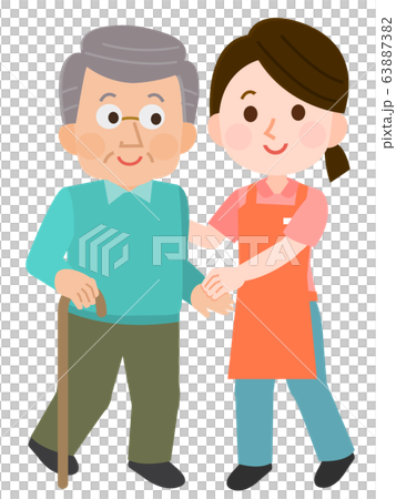 おじいさん 介添え歩行 女性介護士 イラストのイラスト素材 6373