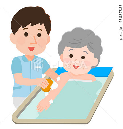 入浴介助 おばあさん 男性介護士 イラストのイラスト素材 6373