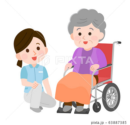 車椅子のおばあさん 介助 寄り添う女性介護士 イラストのイラスト素材