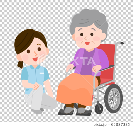 車椅子のおばあさん 介助 寄り添う女性介護士 イラストのイラスト素材