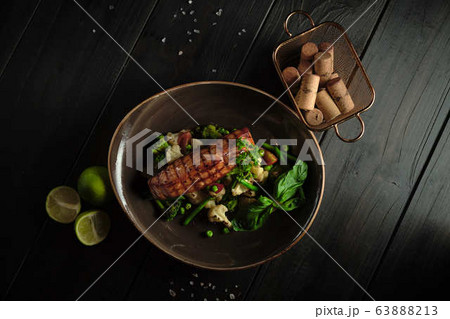 Grilled fish steak with broccoli and cauliflower. catering menu Grilled fish steak with broccoli and cauliflower. catering menu 63888213