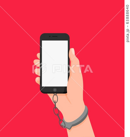 Cartoon human hand in handcuffs hold smartphone with white empty screen isolated on red 63888640
