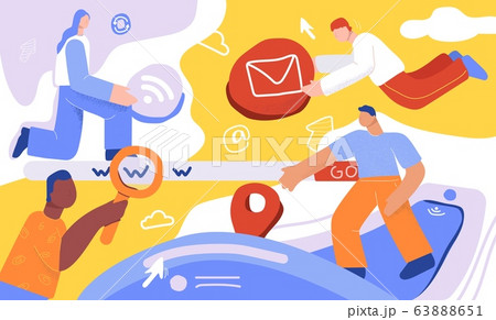 Team of cartoon people surf search internet web page and website traffic vector flat illustration 63888651