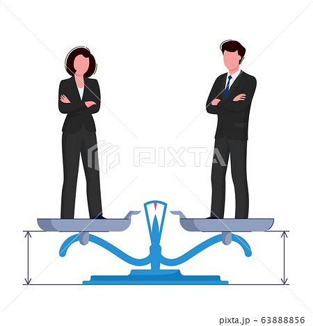 Gender equality concept. Woman and man are standing on the scales to balance. Vector 63888856