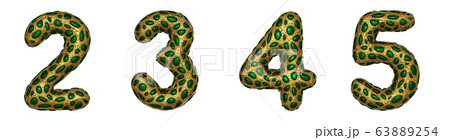 Number set 2, 3, 4, 5 made of realistic 3d render golden shining metallic. 63889254