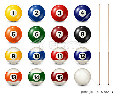 Billiard, pool balls with numbers collection. Realistic glossy snooker ball. White background Billiard, pool balls with numbers collection. Realistic glossy snooker ball. White background 63890213