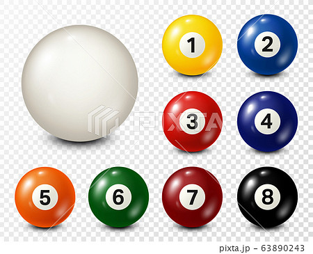 Billiard, pool balls with numbers collection. Realistic glossy snooker ball. White background Billiard, pool balls with numbers collection. Realistic glossy snooker ball. White background 63890243