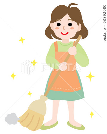 ほうきで掃除をする女性のイラストのイラスト素材 6380