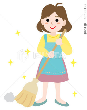ほうきで掃除をする主婦のイラスト 63892199
