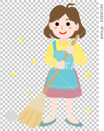 ほうきで掃除をする主婦のイラスト 63892199