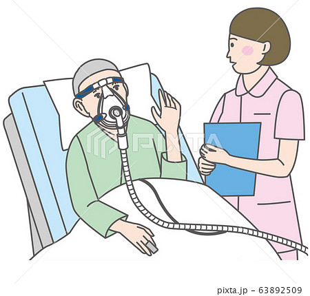 人工呼吸器をつけた男性と看護師のイラストのイラスト素材