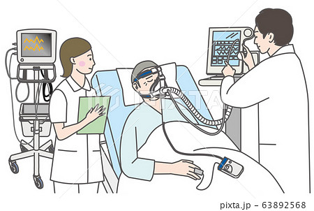 人工呼吸器をつけた男性 病院 イラストのイラスト素材