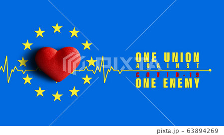 3D render – COVID-19 coronavirus epidemic in the European Union. European Union flag with slogan and healthy heart - One Union one enemy encouraging to fight with the corona virus. 3D render – COVID-19 coronavirus epidemic in the European Union. European Union flag with slogan and healthy heart - One Union one enemy encouraging to fight with the corona virus. 63894269