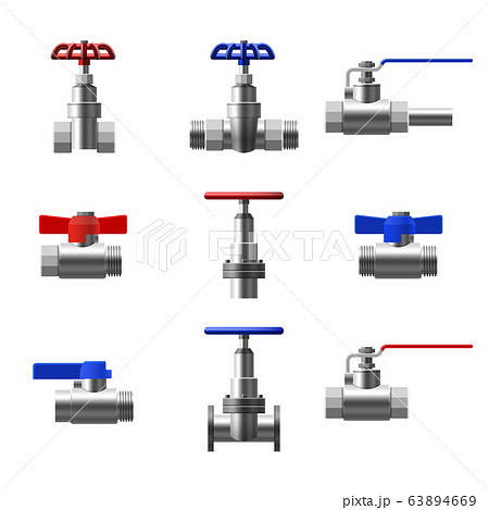 Set valves ball, fittings, pipes of metal piping system. Different types valves water, oil, gas pipeline, pipes sewage. Construction and industrial pressure technology plumbing. Vector illustration 63894669