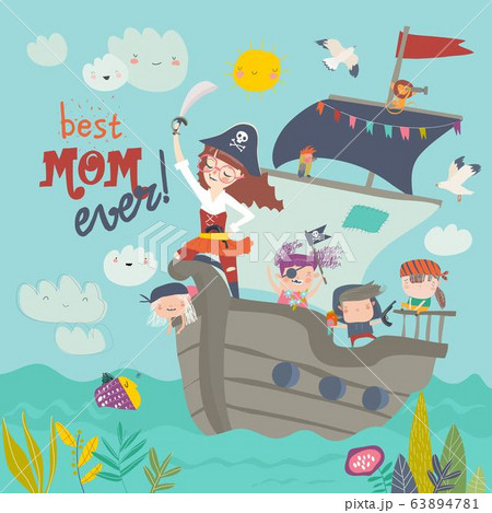 Cute mother pirate sailing with her kids in ship 63894781