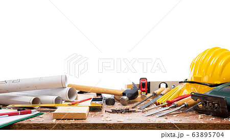 Carpenter tools on the workbench. 63895704