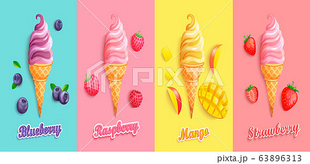 Strawberry,mango,blueberry, raspberry Ice creams. Strawberry,mango,blueberry, raspberry Ice creams. 63896313