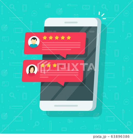Reviews rating or reputation notices online on mobile phone or smartphone with testimonials feedback vector flat illustration, concept of customer experience on cellular cellphone modern design image 63896386