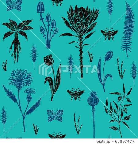 Seamless pattern with protea flowers and insects 63897477